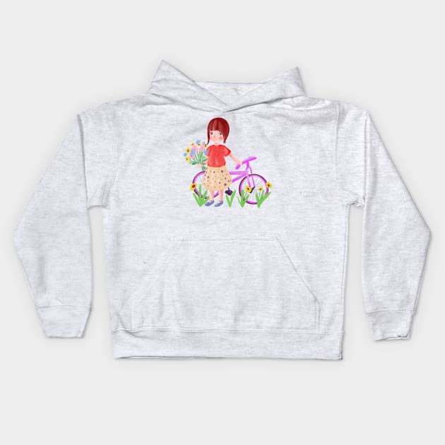 cartoon girl with a bicycle and a bouquet of wildflowers Kids Hoodie by sonaart